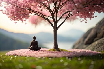  Miniature people meditating under a tiny cherry blossom tree