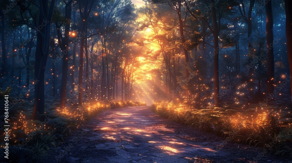 Poster an image of a dense forest at night with fireflies illuminating the path towards selfdiscovery.