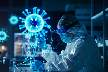 Digital image of blue virus against scientist working in laboratory  - obrazy, fototapety, plakaty