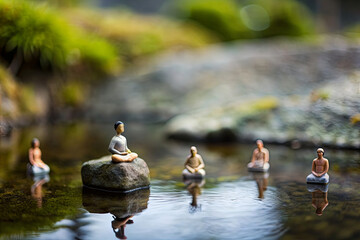 Miniature people meditating by a tiny water body