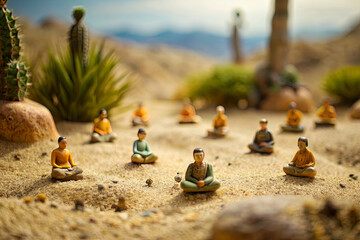 Miniature people meditating in a tiny desert