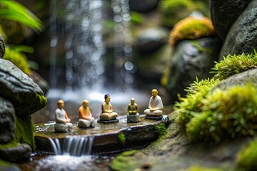 Miniature people meditating in front of a tiny waterfall