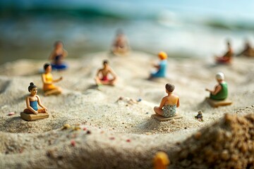 Miniature people meditating on a tiny beach
