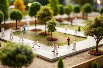 Miniature people meditating in a tiny urban park