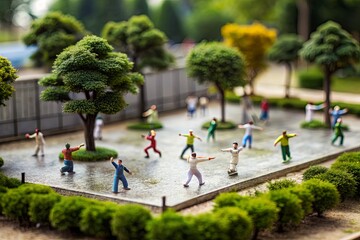 Miniature people meditating in a tiny urban park