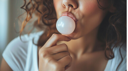 girl enjoying a moment of relaxation while chewing bubble gum - obrazy, fototapety, plakaty
