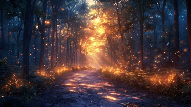 An image of a dense forest at night with fireflies illuminating the path towards selfdiscovery.