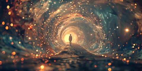 A man stands in front of a giant tunnel that has a glowing light in the center.AI Generative - obrazy, fototapety, plakaty