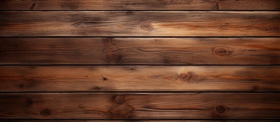 Obraz na płótnie Canvas Close up of a brown hardwood plank floor with a blurred background, displaying a beautiful wood grain pattern and tints and shades