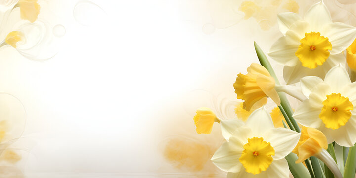 white and yellow daffodils with green leaves spring flower botanical gardening tips on white background