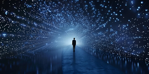 Man Ventures into Vast Light Tunnel of Matrix Silhouette of businessman walking in futuristic space...