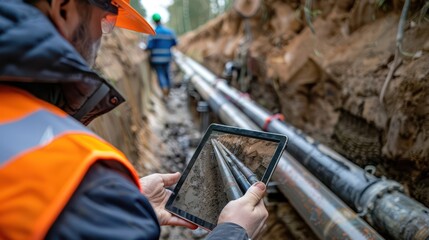Engineer holding a tablet is inspecting the installation and laying of heating pipes in a ditch at the construction site. Install an underground drainage system of main water and sanitary wastewater.