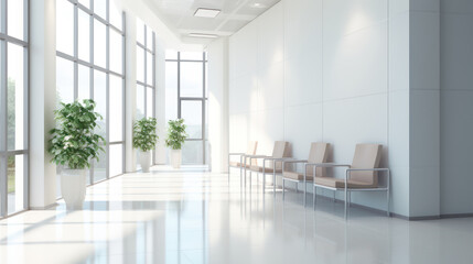 A long, bright hospital corridor with rooms and seating. - obrazy, fototapety, plakaty