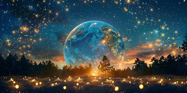 Globe and moon on starry sky under night city light and sea lagune water fantasy surrealism.AI Generative
