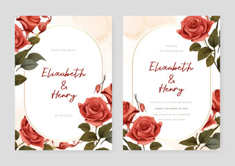 Red rose set of wedding invitation template with shapes and flower floral border