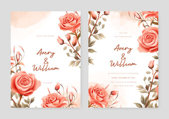 Red rose elegant wedding invitation card template with watercolor floral and leaves
