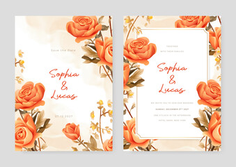 Orange rose beautiful wedding invitation card template set with flowers and floral