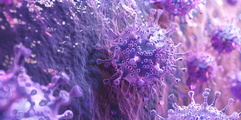   A microscopic of fabric fiber with purple virus  and pink lichen Cancer disease cell background