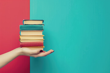 Hands holding a stack of books, representing knowledge and learning