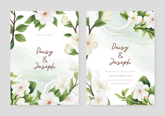 White orchid elegant wedding invitation card template with watercolor floral and leaves