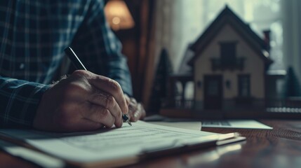 A man is writing on a piece of paper in front of a house