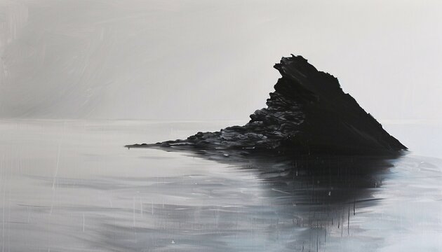 Rocky Shore: A Black and White Painting of a Lone Rock in the Ocean Generative AI