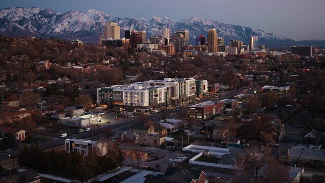 View of Salt Lake City Skyline at Dusk During Winter