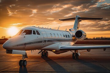 Modern executive jet plane at the airport runway on the background of dramatic sunset. Sleek...