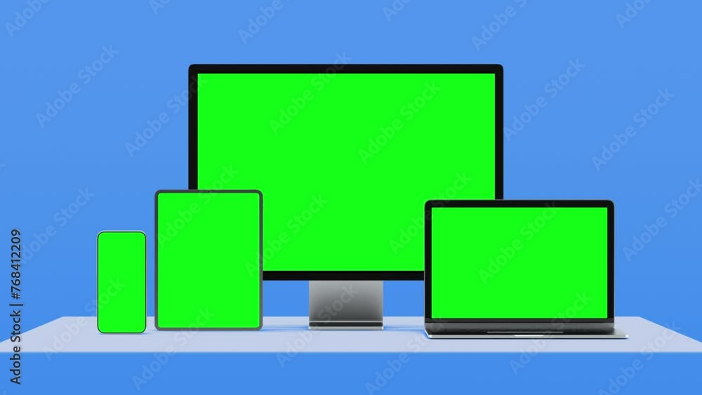 Aufkleber laptop computer and smartphone with green screens for chroma key. mock up of smart phone and tablet 