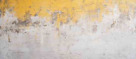 Close up view of a vibrant yellow and white wall featuring a visible fire hydrant in bright red