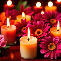 Scented candles with flowers, warm love glowing romantic celebration scene