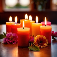 Fototapeta na wymiar Scented candles with flowers, warm love glowing romantic celebration scene
