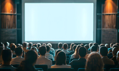 audience in the conference hall or seminar meeting with large media screen showing video...