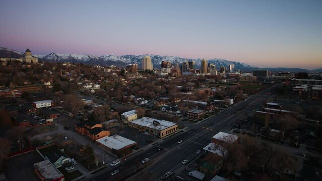 Wide View of Salt Lake City Skyline at Dusk in Winter