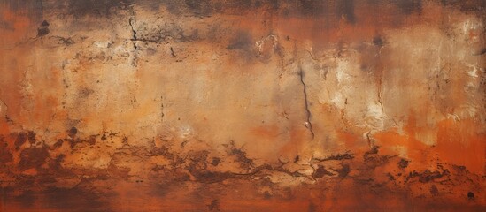 Obraz premium A striking abstract art piece showcasing rusted metal paint splatters on a textured wall against a rich brown backdrop