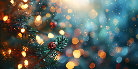 Obraz na płótnie Canvas Glowing Lights on a closeup of a Christmas pine tree Hanging glimmering colorful gold ball christmas ornament decoration at the christmas tree background.AI Generative