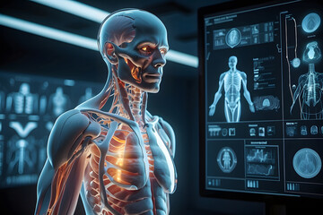 A futuristic medical interface displays a detailed hologram of the human anatomy with various health diagnostics in a high-tech laboratory setting. This is a futuristic medicine concept design.