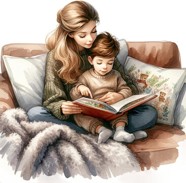 Mother and Child Reading a Book Together Illustration
