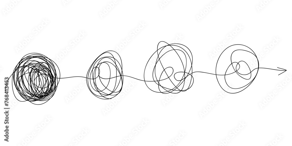 Poster scribble line doodles. the concept of transition from complicated to simple, isolated on white backg