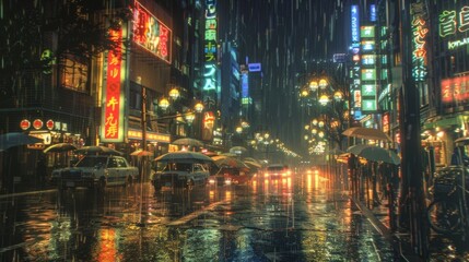 The hustle and bustle of a wet city night lit up by the glowing neon signs and street lamps amid the falling rain.