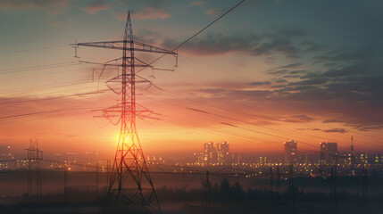 Based on your description and tags, a concise and understandable name for this image could be Silhouetted Power Lines Against a Vibrant Sunset Sky - obrazy, fototapety, plakaty
