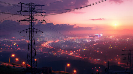 The image showcases a panoramic view of a city at the magical moment of sunset, highlighting the transition from day to night with a skyline that comes alive under a vibrant orange sky