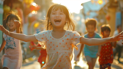 A picture of a little Asian girl on Children's Day, dressed in light colors and grinning broadly as she runs around the streets with other kids in her vicinity. - obrazy, fototapety, plakaty