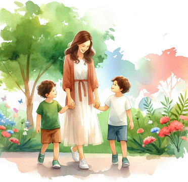 Mother Talking to Children in a Flower Garden Illustration

