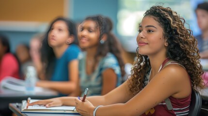 Obraz premium a classroom setting with students of diverse body types participating in a lively discussion, reflecting the reality of a diverse student population.