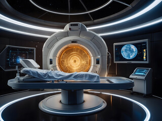 A medical AI operating an MRI scanner in a starship design with an IV drip set against the backdrop of an observatory and dark energy design.