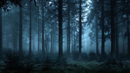 Fototapeta premium Foggy Forest: A Mysterious Nighttime Adventure Generative AI