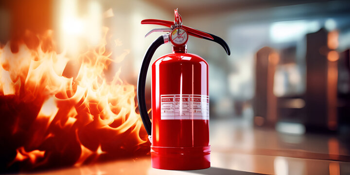 a red fire extinguishers with fire Firefighting device Flame suppression blured background