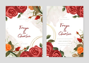 Orange and red rose artistic wedding invitation card template set with flower decorations