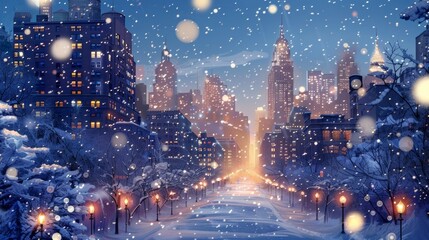 Fototapeta premium This holiday card design features a snowy cityscape with ling lights and the message Seasons Greetings from the city that never sleeps.